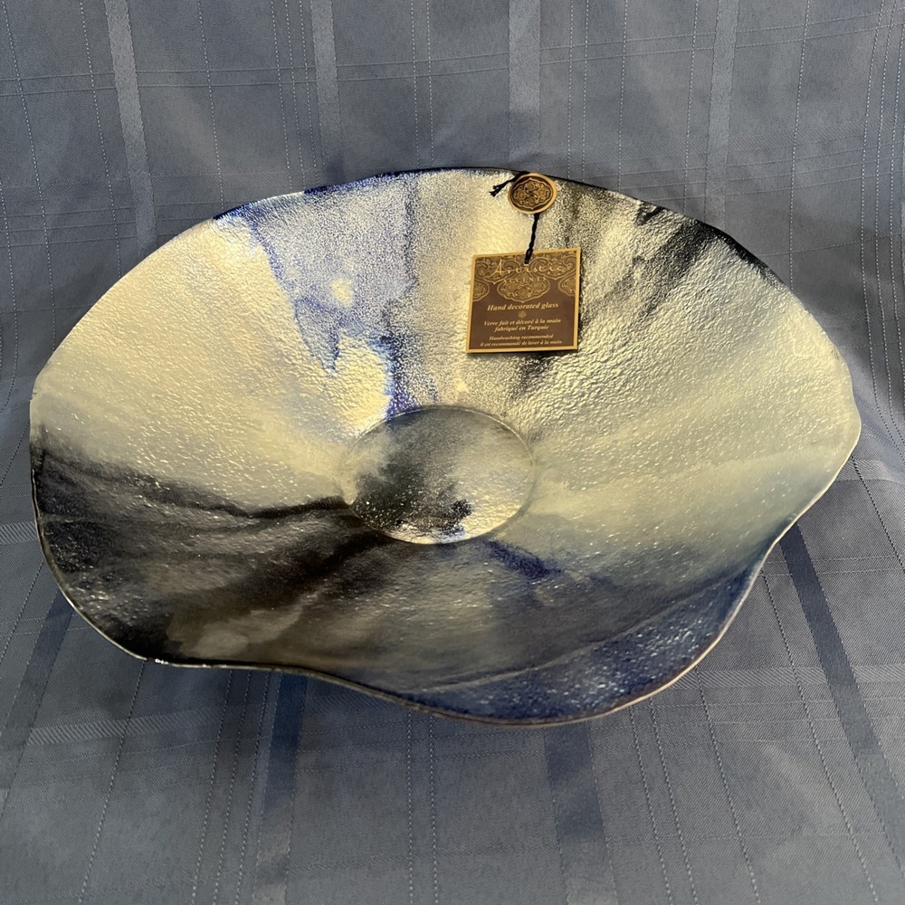 16" ROYAL,COBALT BLUE+NAVY FORGED SILVER FOLIO‎ CENTERPIECE GLASS BOWL PLATTER